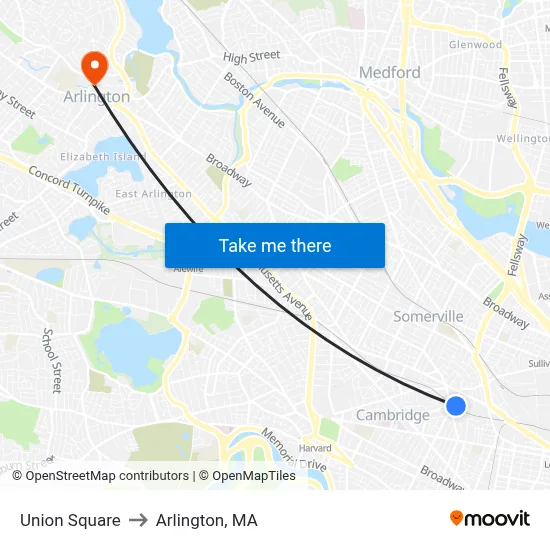 Union Square to Arlington, MA map