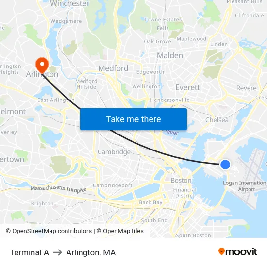 Terminal A to Arlington, MA map