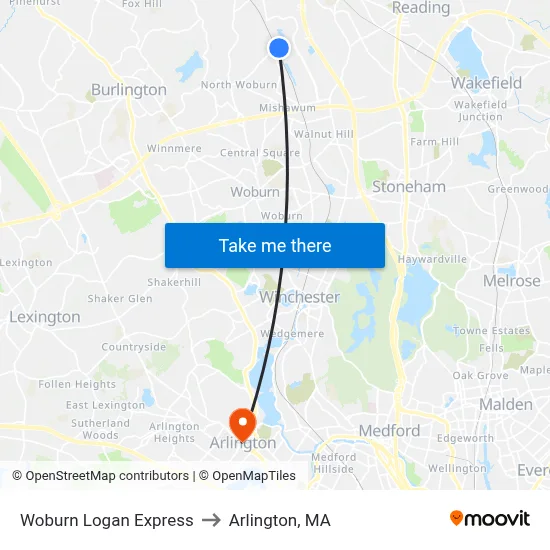 Woburn Logan Express to Arlington, MA map