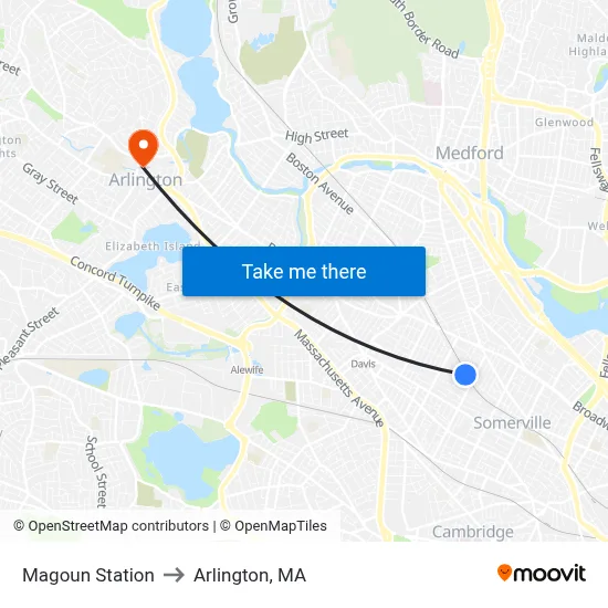 Magoun Station to Arlington, MA map