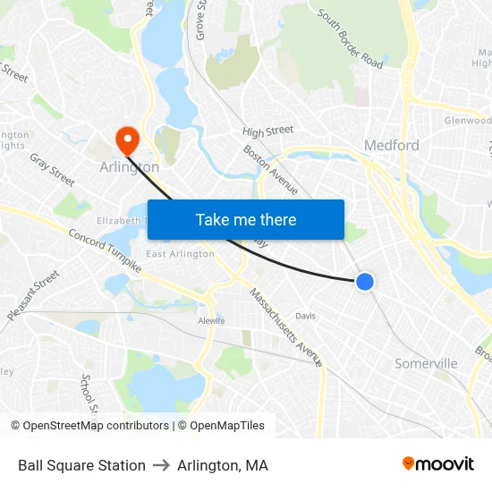 Ball Square Station to Arlington, MA map