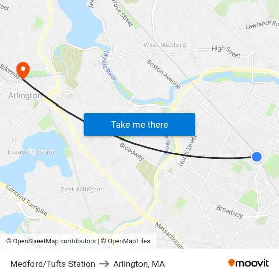 Medford/Tufts Station to Arlington, MA map