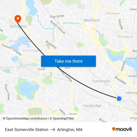 East Somerville Station to Arlington, MA map