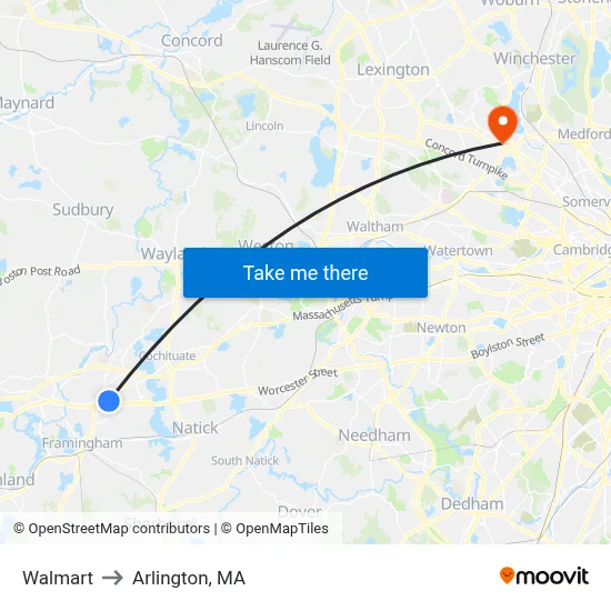 Walmart to Arlington, MA map