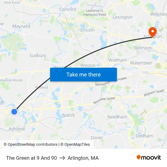 The Green at 9 And 90 to Arlington, MA map