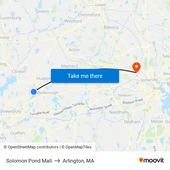 Solomon Pond Mall to Arlington, MA map