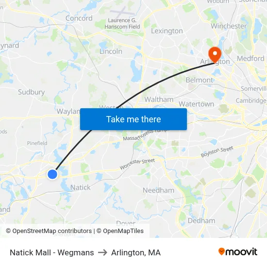 Natick Mall - Wegmans to Arlington, MA map