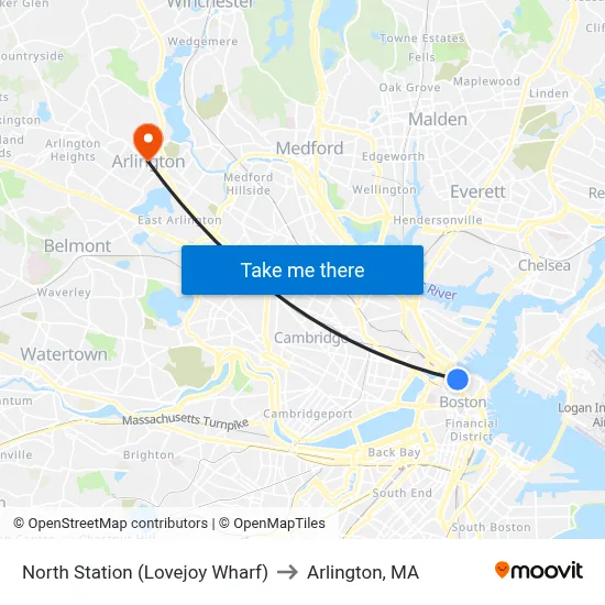 North Station (Lovejoy Wharf) to Arlington, MA map