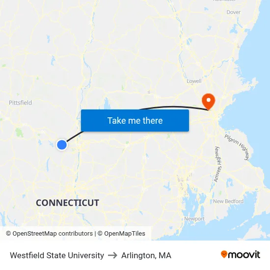 Westfield State University to Arlington, MA map
