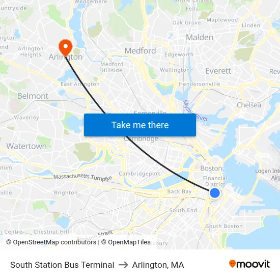 South Station Bus Terminal to Arlington, MA map