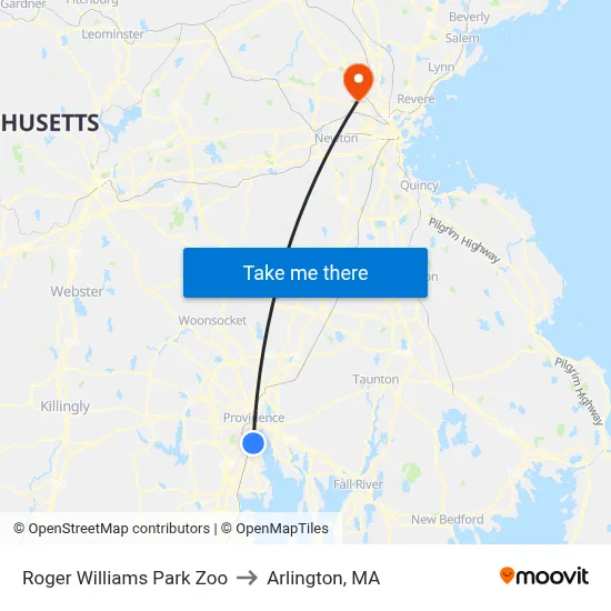 Roger Williams Park Zoo to Arlington, MA map