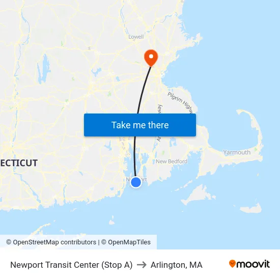 Newport Transit Center (Stop A) to Arlington, MA map