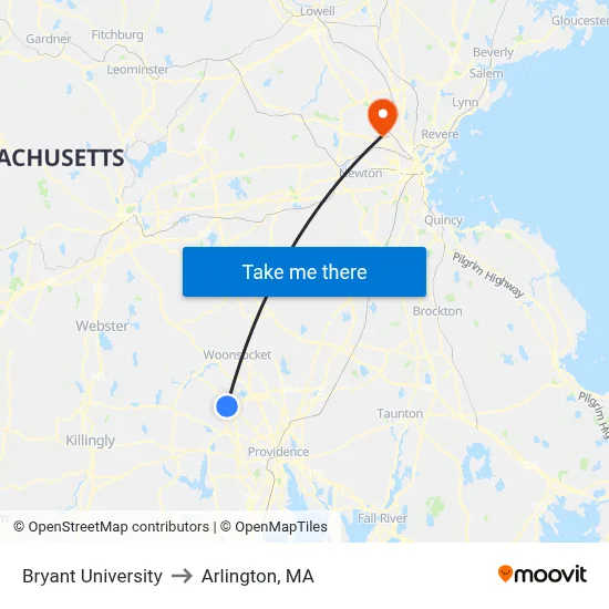 Bryant University to Arlington, MA map