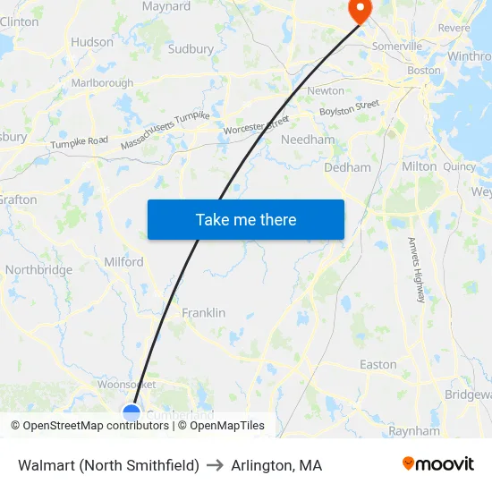 Walmart (North Smithfield) to Arlington, MA map