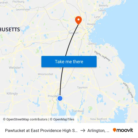 Pawtucket at East Providence High School to Arlington, MA map