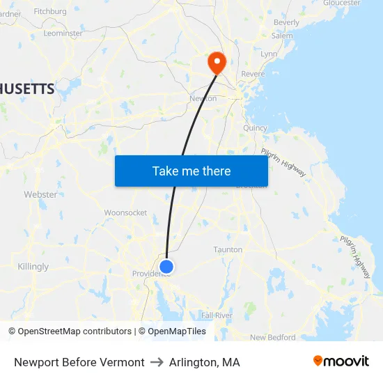 Newport Before Vermont to Arlington, MA map