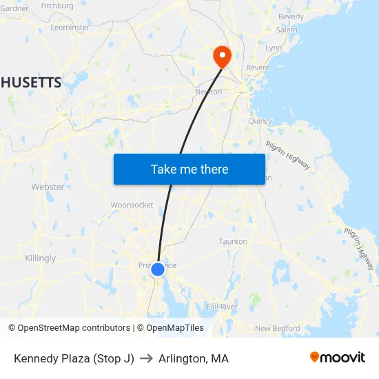 Kennedy Plaza (Stop J) to Arlington, MA map