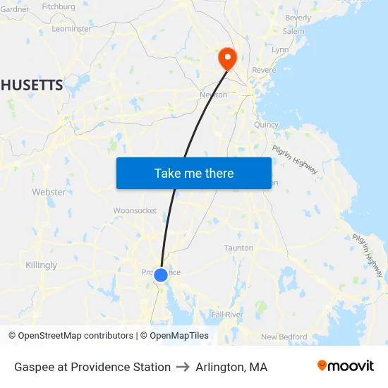 Gaspee at Providence Station to Arlington, MA map