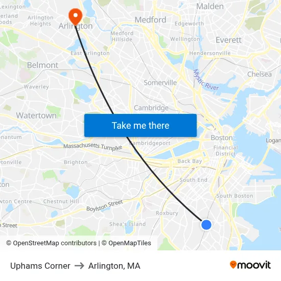 Uphams Corner to Arlington, MA map