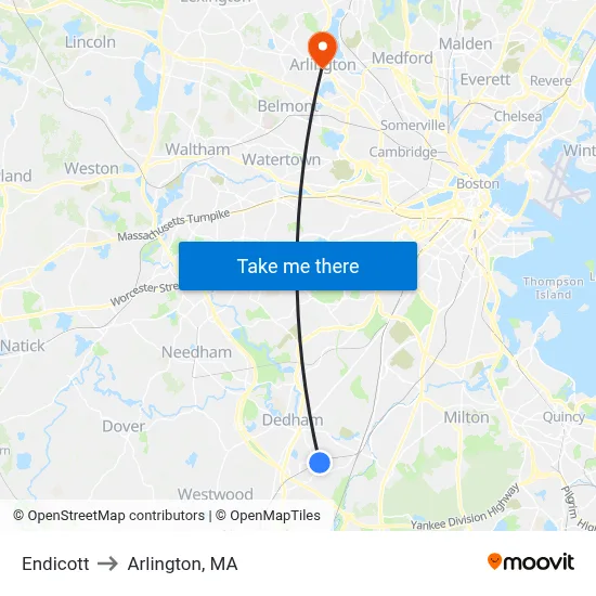 Endicott to Arlington, MA map
