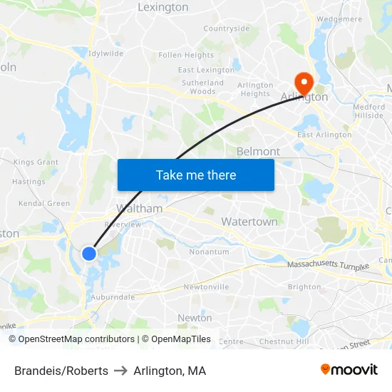 Brandeis/Roberts to Arlington, MA map