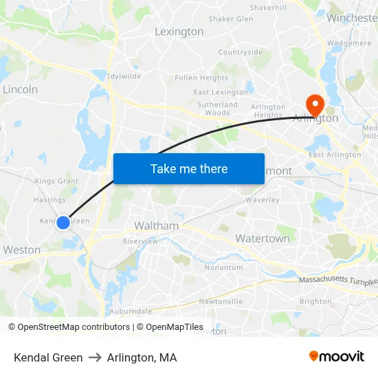Kendal Green to Arlington, MA map