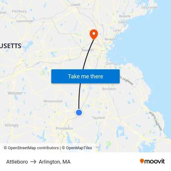 Attleboro to Arlington, MA map
