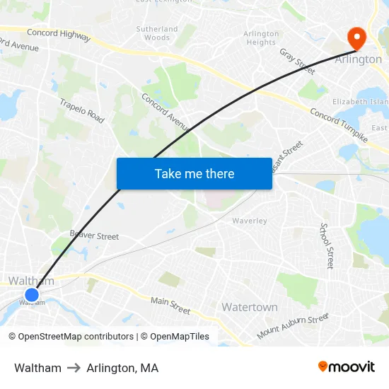 Waltham to Arlington, MA map