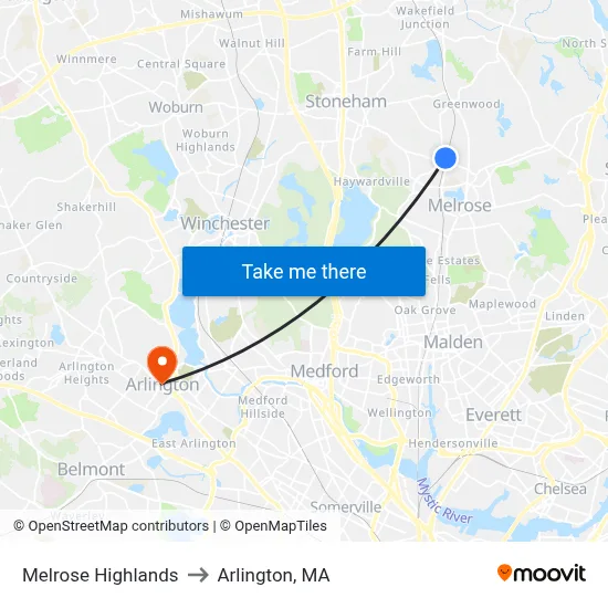 Melrose Highlands to Arlington, MA map