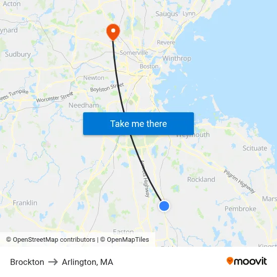 Brockton to Arlington, MA map
