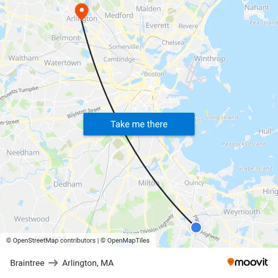 Braintree to Arlington, MA map