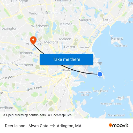 Deer Island - Mwra Gate to Arlington, MA map