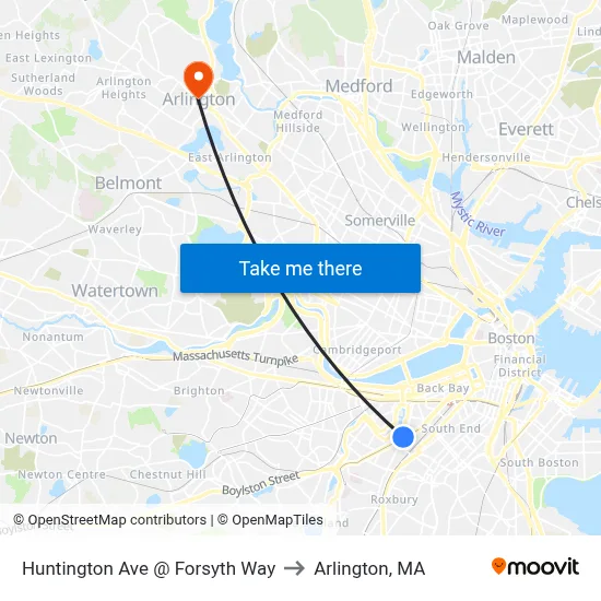 Huntington Ave @ Forsyth Way to Arlington, MA map