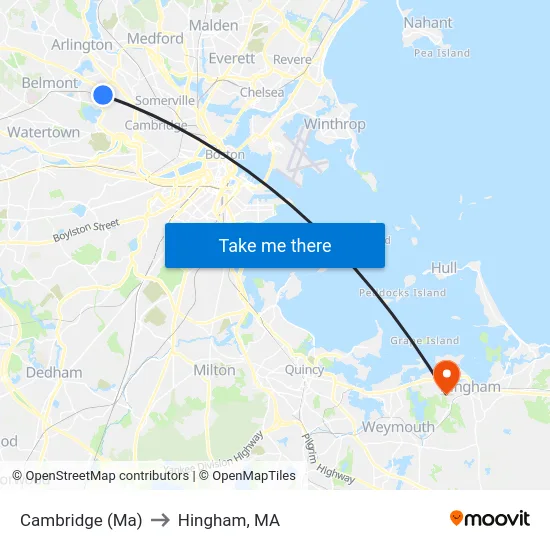 Cambridge (Ma) to Hingham, MA map