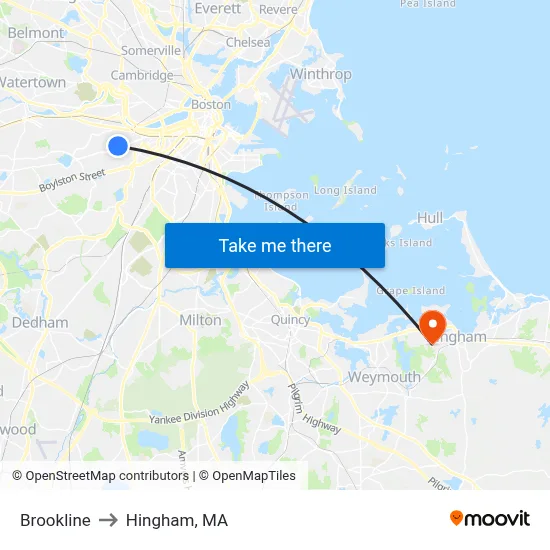 Brookline to Hingham, MA map