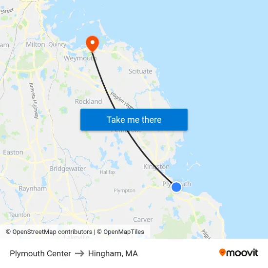 Plymouth Center to Hingham, MA map