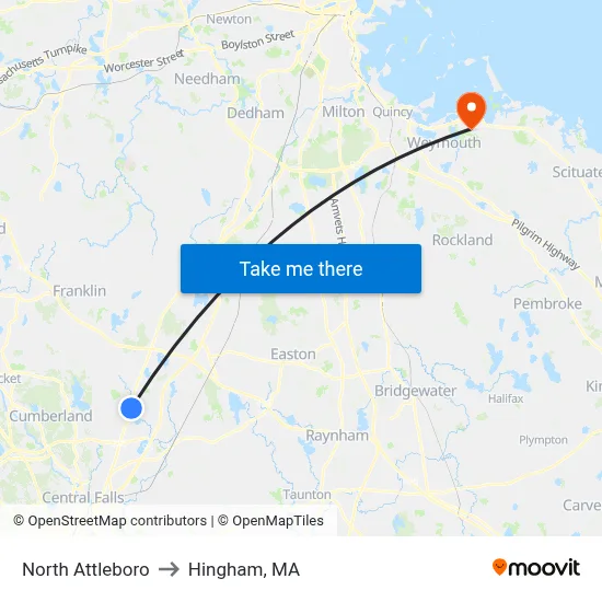 North Attleboro to Hingham, MA map
