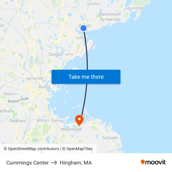 Cummings Center to Hingham, MA map