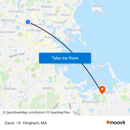 Davis to Hingham, MA map