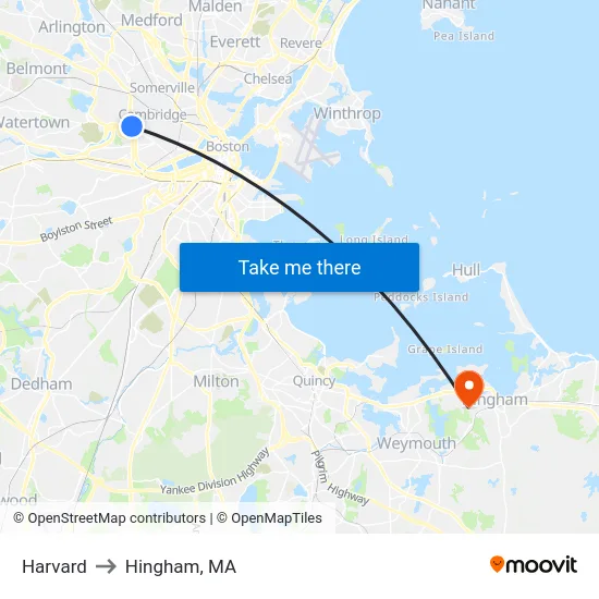 Harvard to Hingham, MA map