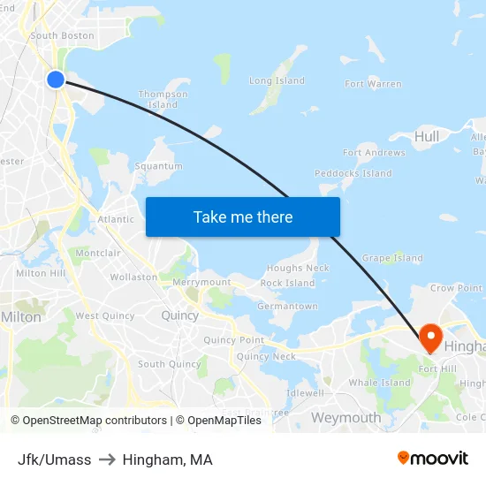 Jfk/Umass to Hingham, MA map