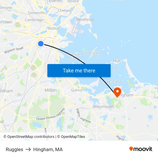 Ruggles to Hingham, MA map