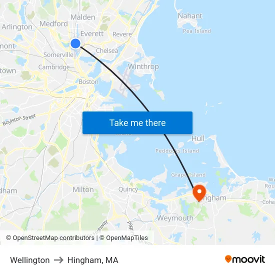 Wellington to Hingham, MA map