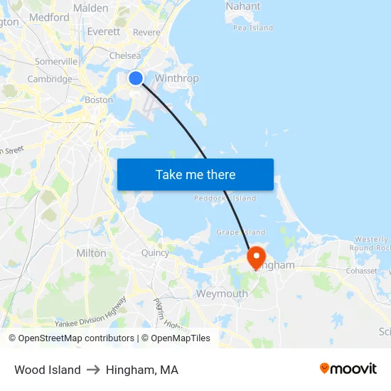 Wood Island to Hingham, MA map