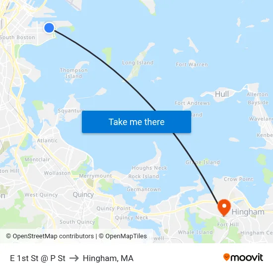 E 1st St @ P St to Hingham, MA map