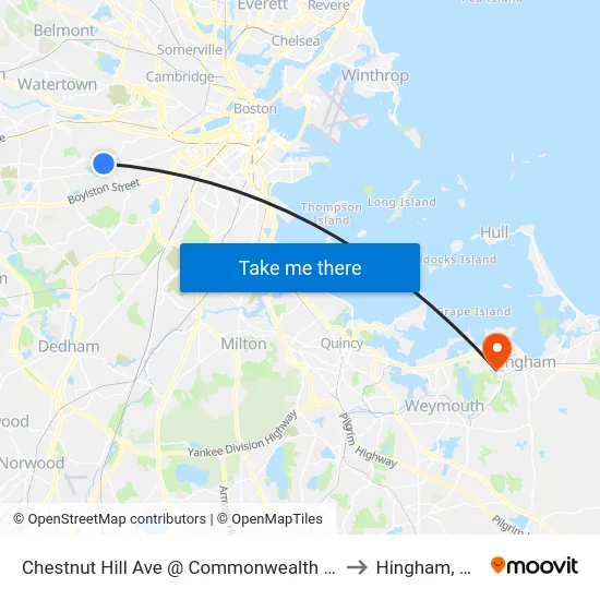 Chestnut Hill Ave @ Commonwealth Ave to Hingham, MA map