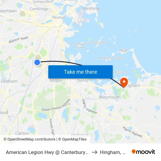 American Legion Hwy @ Canterbury St to Hingham, MA map