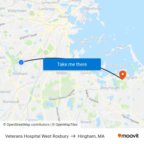 Veterans Hospital West Roxbury to Hingham, MA map