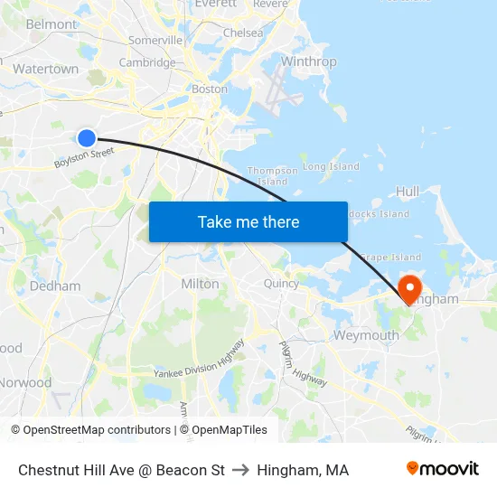 Chestnut Hill Ave @ Beacon St to Hingham, MA map