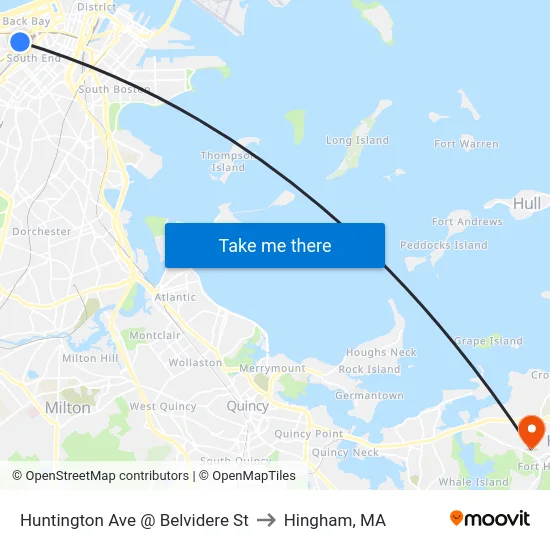 Huntington Ave @ Belvidere St to Hingham, MA map